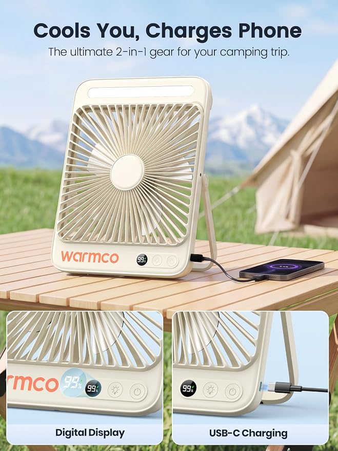 Warmco D4 Battery Powered Camping Fan 20000mAh, LED Lantern | Up To 48H Runtime, Ultra-Slim Quiet 8-Inch Fan, Digital Display & Hook For Tent, Bedroom, Outdoor & Travel
