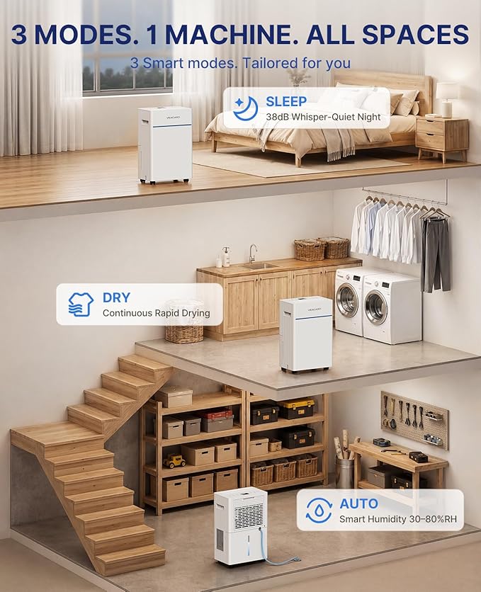 VEAGASO 2000 Sq.Ft. Dehumidifier for Basement with Drain Hose, 28 Pints Dehumidifiers for Home, Bedroom, Garage, 38dB Sleep Mode, Auto-Defrost, 3 Modes, 24H Timer