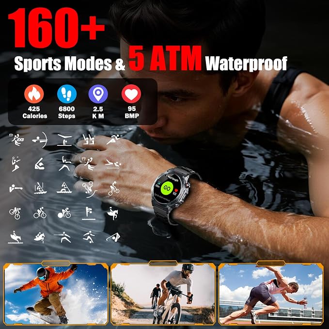 Military Smart Watch for Men with Dual-Band GPS, 5ATM Waterproof, 1.43” AMOLED Fitness Watch, Heart Rate Blood Oxygen Sleep Monitor, 160+ Sport, Bluetooth Calling Smartwatch for Hiking Running Outdoor