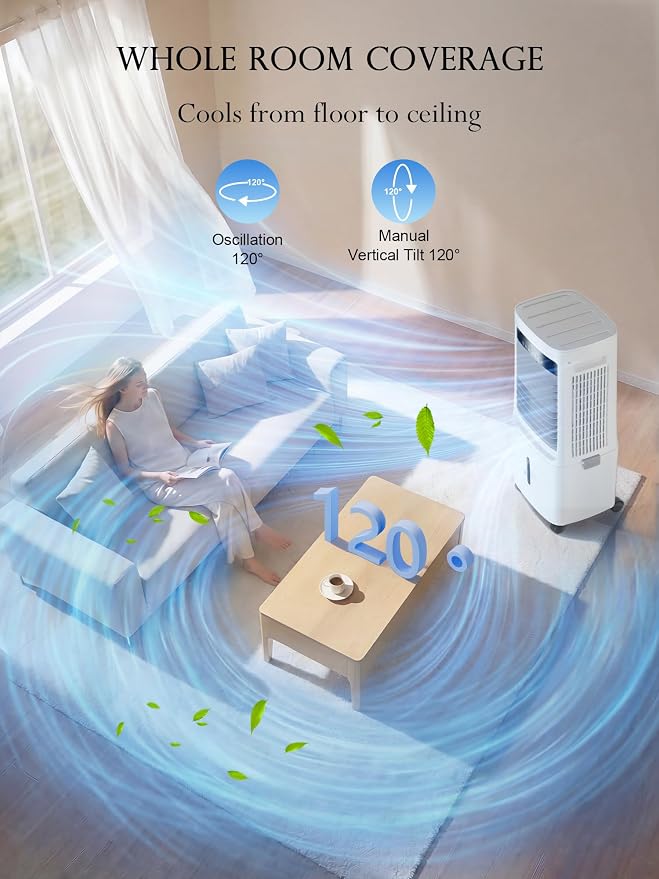 Uthfy 3000CFM Swamp Cooler, Evaporative Air Cooler with Dual Water Tanks for 30H Cooling, 120° Oscillating, Ambient Light, 7.0 GAL Detachable Water Tank, 12H Timer, 3 In 1 Indoor&Outdoor Cooling Fan