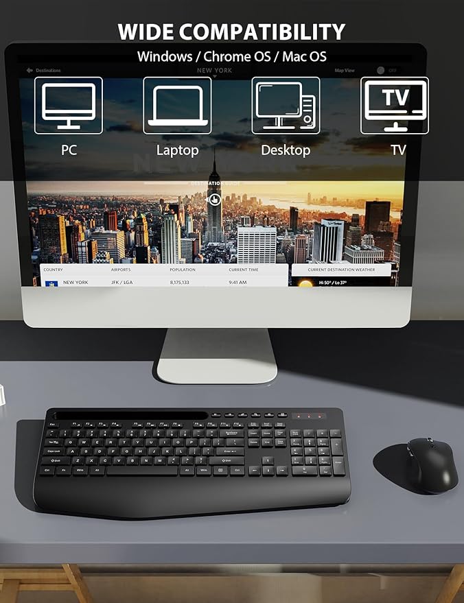 Wireless Keyboard and Mouse Combo - Full-Sized Ergonomic Keyboard with Wrist Rest, Phone Holder, Sleep Mode, 2.4G Quiet Keyboard for PC Laptop, Complete Work Setup for Office or Home -Trueque KM23