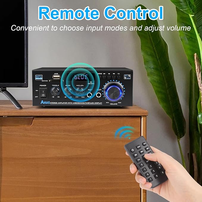 Stereo Audio Amplifier 2025 Upgraded AK45 Bluetooth Receiver for Home Stereo, 400W 2 Channel Wireless Bluetooth 5.0 Power Amplifier System with FM Radio, USB, SD Card, and Remote Control
