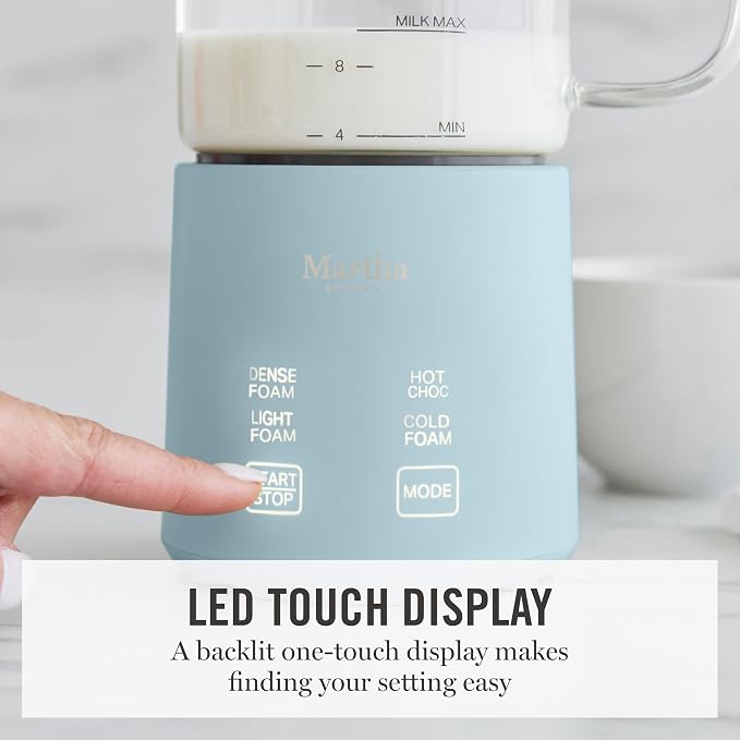 Martha Stewart Milk Frother and Steamer, 10oz/300ml Glass Cup, 4 Presets (Cold Foam, Light, Dense & Hot Chocolate), Ready in 90 Seconds, Cordless Pouring, One-Touch for Hot and Cold Milk, Sky Blue