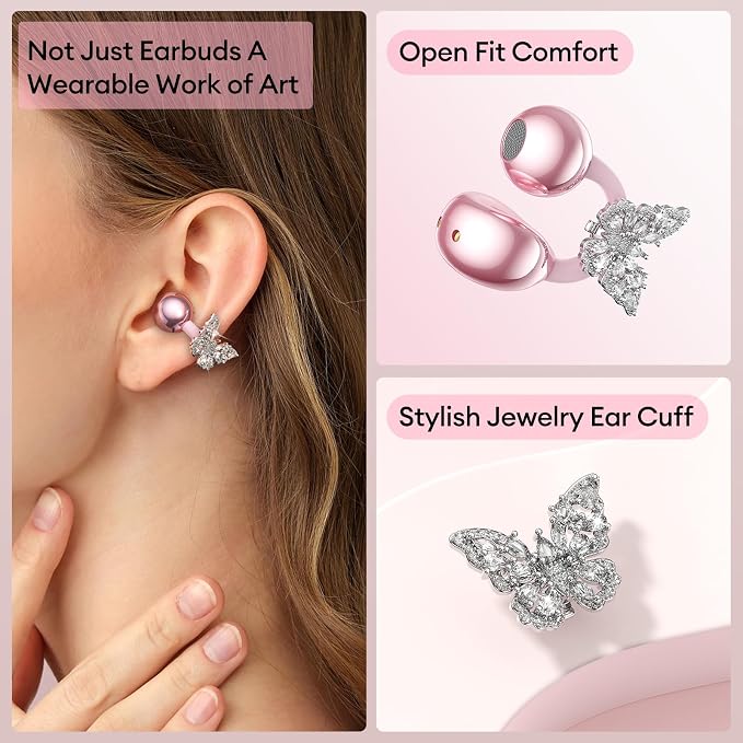 PAXA Stylish Open Ear Clip On Earbuds with Removable Butterfly Earring, Clip On Headphones with LCD Touch Screen, Fashionables Open Ear Headphones for Women, Butterfly Earring Rose Gold Earbuds