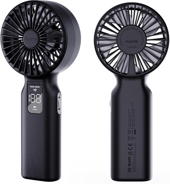 Funme Portable Handheld Fan, 100 Speed Scroll Wheel Control with Boost Mode, 42H Long Runtime, 6700mAh Rechargeable Travel Fan, LED Display, Quiet Personal Fan for Concerts Camping Office-Black