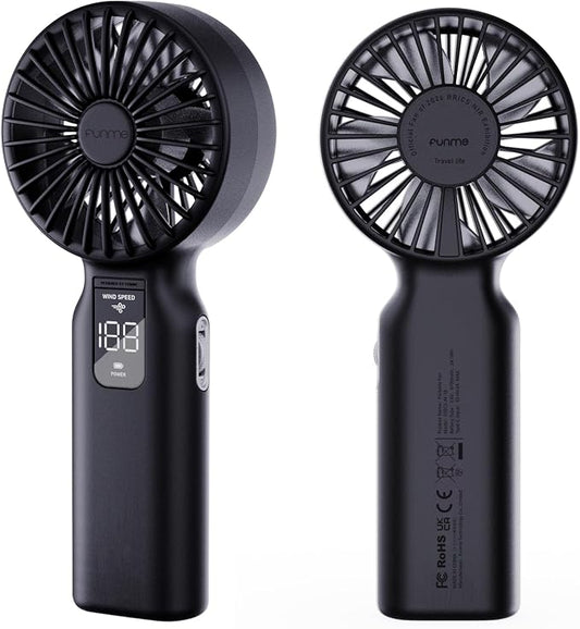 Funme Portable Handheld Fan, 100 Speed Scroll Wheel Control with Boost Mode, 42H Long Runtime, 6700mAh Rechargeable Travel Fan, LED Display, Quiet Personal Fan for Concerts Camping Office-Black