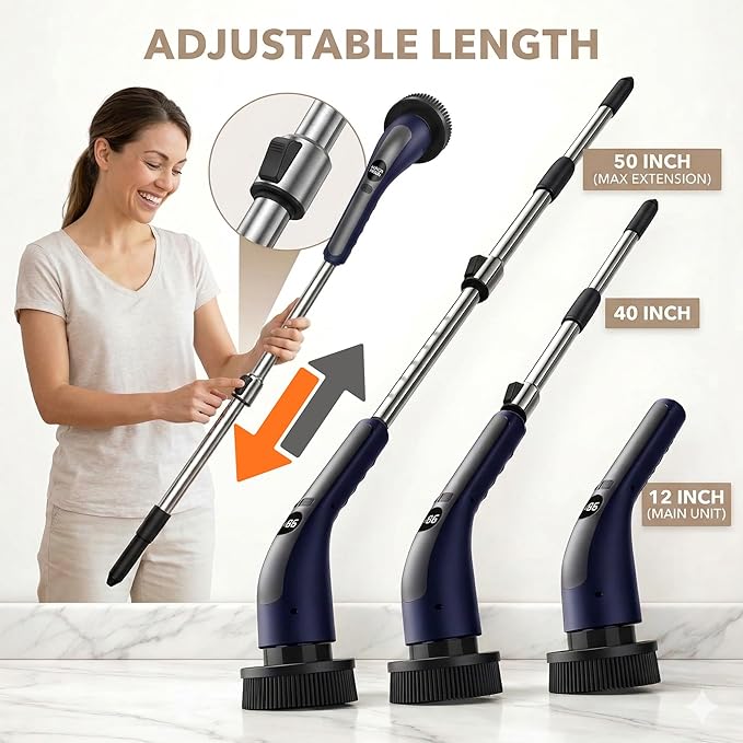 LIVINGPRO Electric Spin Scrubber with LCD Display, Cordless Cleaning Scrubber for Home, Upgraded 70W Dual Speed Motor, IPX7 Waterproof Power Scrubber, 7 Brush Heads, Extendable Long Handle