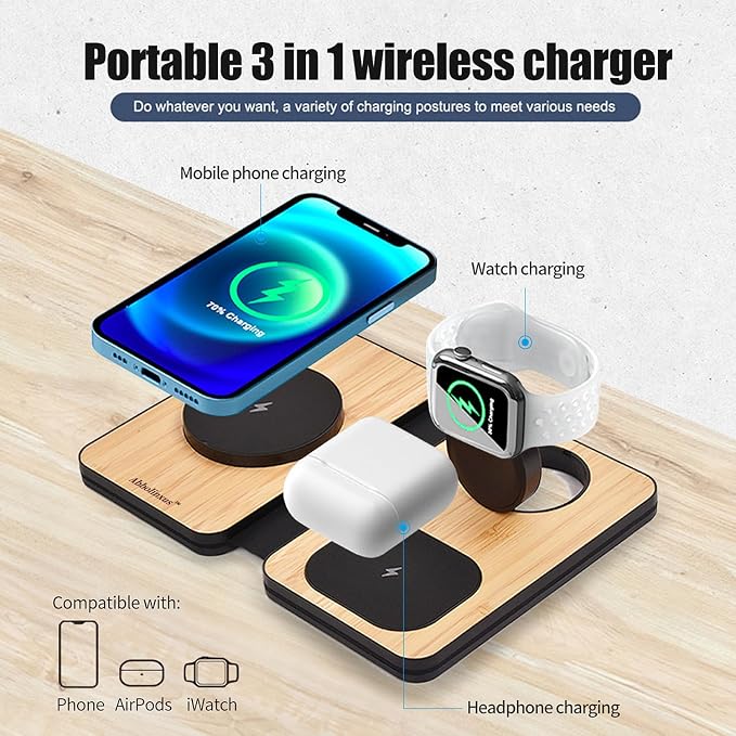 3-in-1 Charging Station for Apple Devices, Fast Mag Safe Wireless Charger, Foldable Travel Charger for Cell Phone 16-12 Series, AirPods, and iWatch Series (Bamboo)