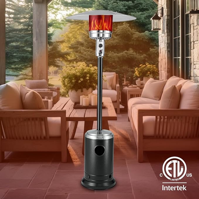 Fire Sense All Seasons Patio Heater With Wheels 48000 BTU Output Electronic Ignition System Portable Outdoor Propane Heater Series Patio Heater - Oynx & Stainless Steel Accent Finish