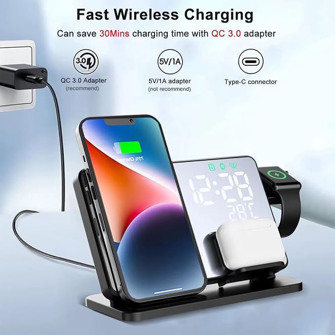 All-in-one Wireless Charger,Clock,Alarm,Calendar,Temperature Display,15W Fast Charging.Wirelessly Charge Phone,Watch,Earbuds simultaneously,Compatible with Qi-Enabled Devices,W669 Black.