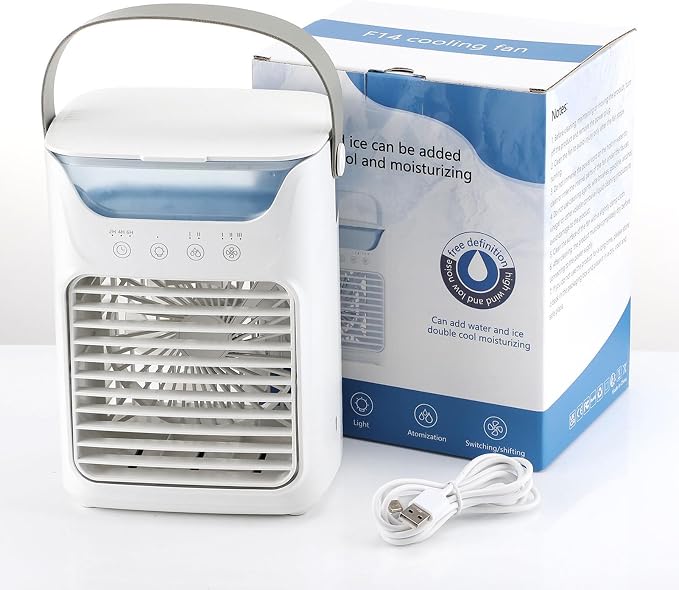 Air Conditioner Fan, 700ML USB Powered Automatic Timing Portable Air Cooler Humidifier, 3 Wind Speeds, with 7 Color Night Light, for Home Office Outdoor Camping Vacation