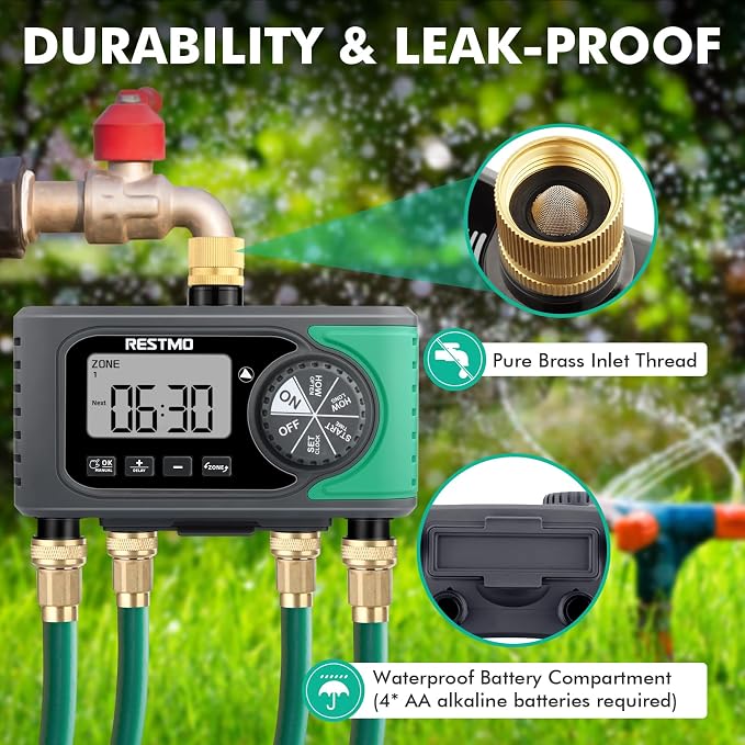RESTMO 4-Zone Sprinkler Timer, Brass Inlet Programmable Water Timer for Garden Hose, Automatic Digital Irrigation with Manual ON/Off & Rain Delay for Lawn, Drip System & Outdoor Faucet