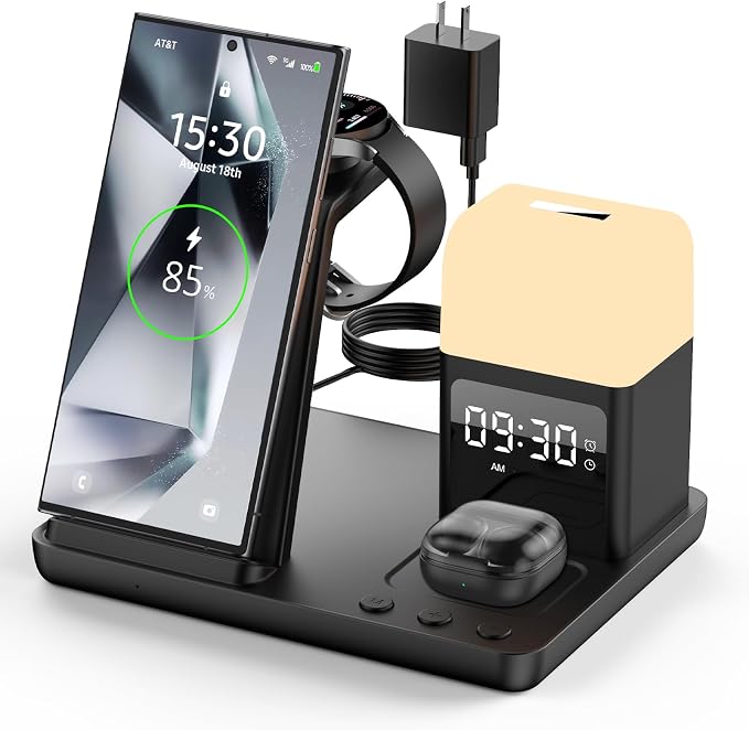 Wireless Charger for Samsung/Android Charging Station, 6 in 1 Fast Watch Charger with Alarm Clock-Night Light, Compatible for Galaxy S25 Ultra/S24, Only for Samsung Watch8/7, Galaxy Buds3 Pro(Jet)
