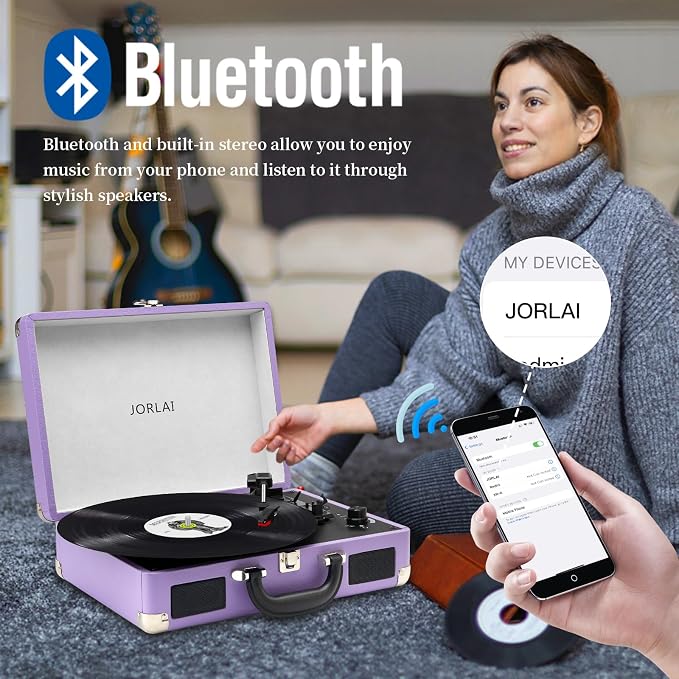 Record Player 3 Speed Vinyl with Bluetooth Vintage Turntable Built in Battery Portable Suitcase Support Aux in RCA Line Out Headphone Jack Purple