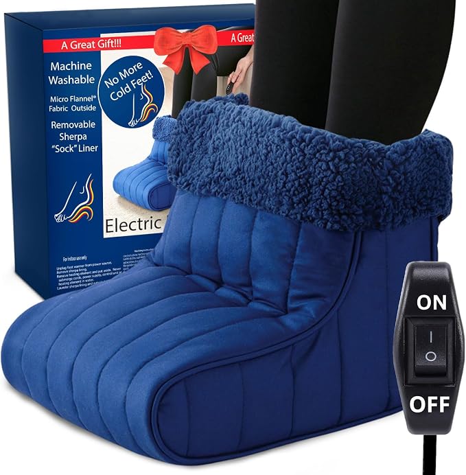 Thermee Micro Flannel Heated Foot Warmer, Sherpa Fleece, 2-Hour Safety Shut-Off, Electric Foot Heater for Women & Men, Foot Warmers for Feet, Heated Slippers, Under Desk Foot Warmer-Sapphire