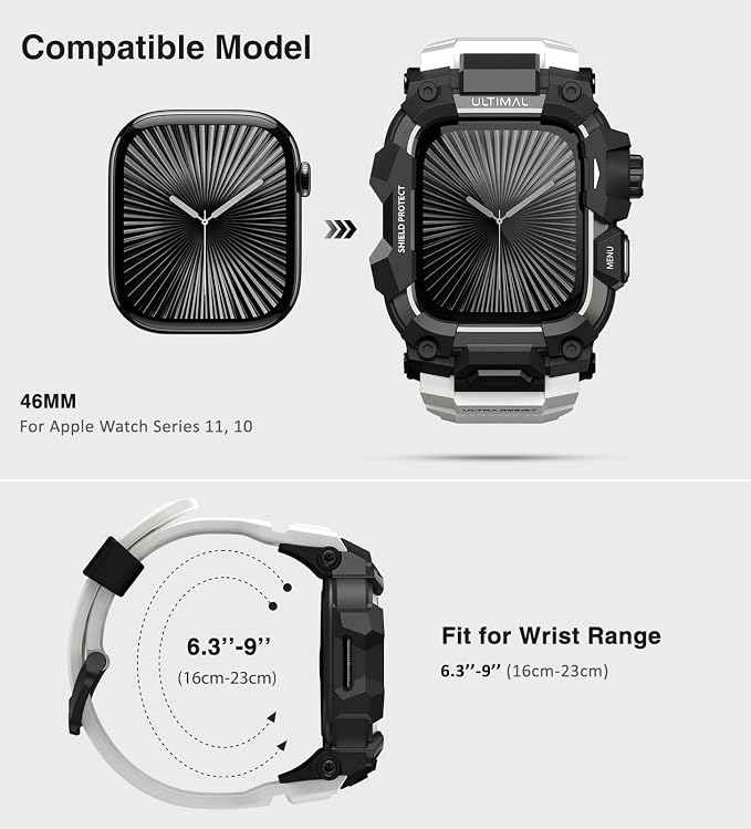 ULTIMAL Rugged Case with Band for Apple Watch 46mm,Compatible with Apple Watch Series 11/10, Military Grade Shockproof Bumper Cover for iWatch Tactical Band Men (46mm,White)
