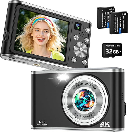 2026 Upgraded 4K Digital Camera for Photography, Dual Lens Autofocus Compact Digital Camera with 16X Zoom, Anti-Shake, Flash, 2 Batteries, 2.8" Screen, Vlogging Camera for YouTube, 32GB Card