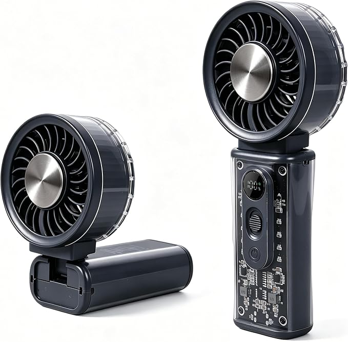 Portable Handheld Fan with Ice Cooler, 90° Flip Head, 3-in-1 Handheld Neck Desk Rechargeable Personal Fan,Up To 12H, 1-100 Speed 3600mAh 15000Rpm, for Travel Camping Home, Transparent, Black