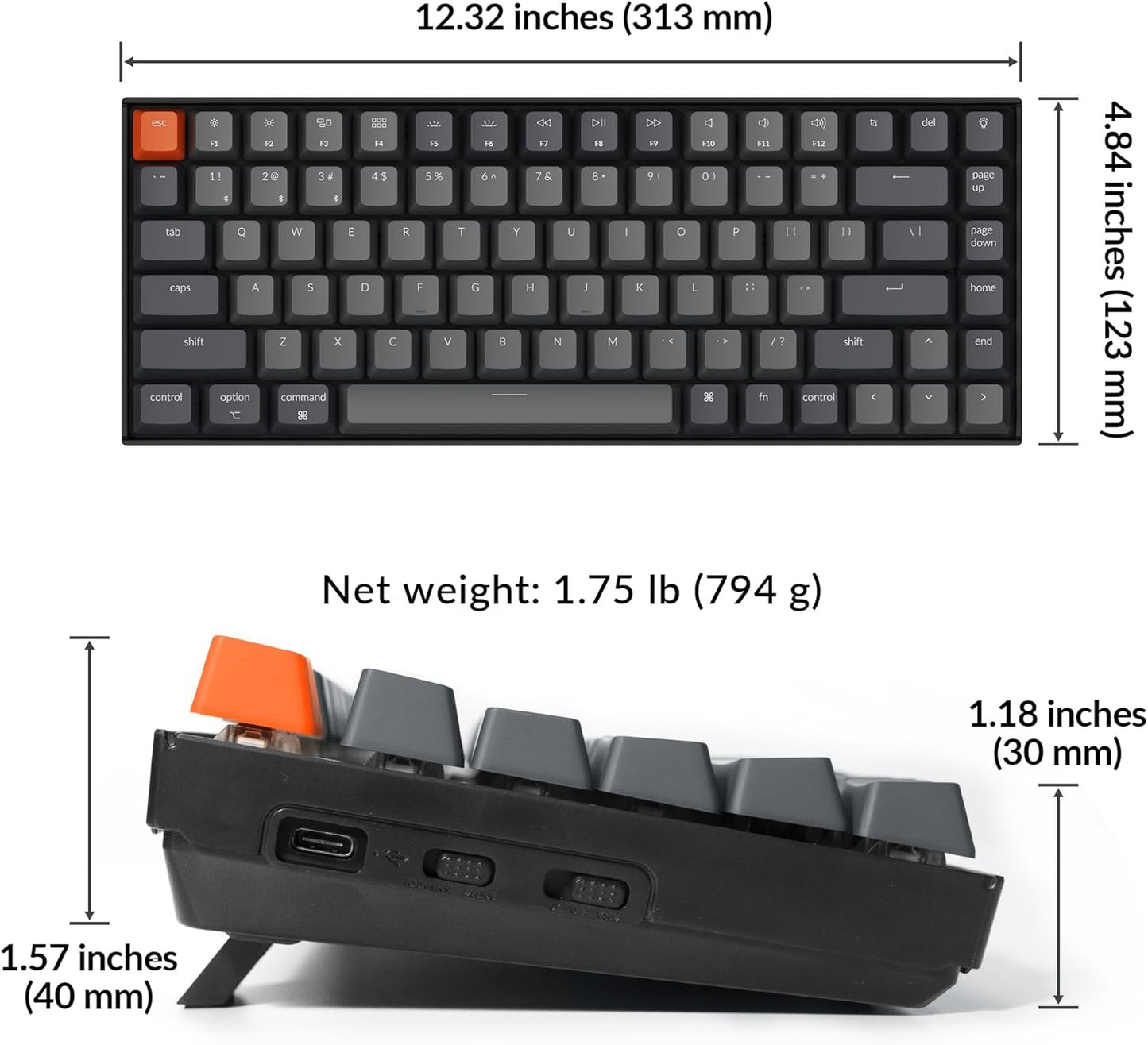 Keychron K2 75% Layout Bluetooth Mechanical Keyboard K Pro Red Switch/White LED Backlit/Anti Ghosting/N-Key Rollover/84 Key USB C Wired Computer Keyboard for Mac Windows-Version 2