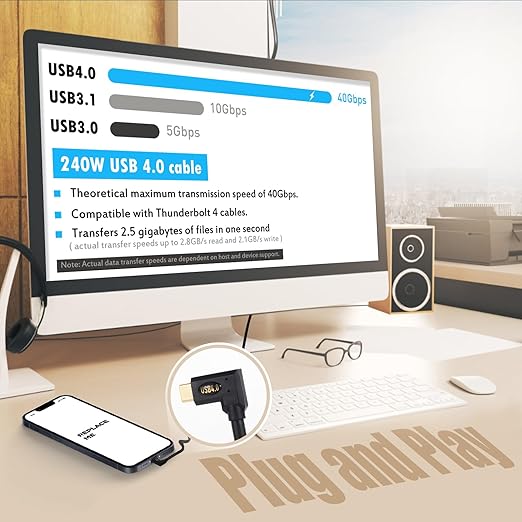 1ft 40Gbps USB 4.0 Type C Cable, 240W 5A PD Straight USB C Male to 90 Degree Angle Left & Right Angle USB C Male Cord for Smartphones, Laptops, Thunderbolt 3, Support 8K@60Hz