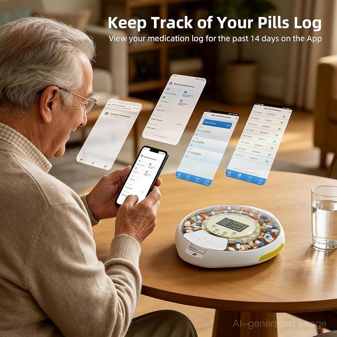 Bluetooth Automatic Pill Dispenser with App/Sound/Light Reminder for Elderly & Caregivers - Up to 9 Alarms/Day, Medication Track History, Front Security Lock & Ergonomic Flip Lid