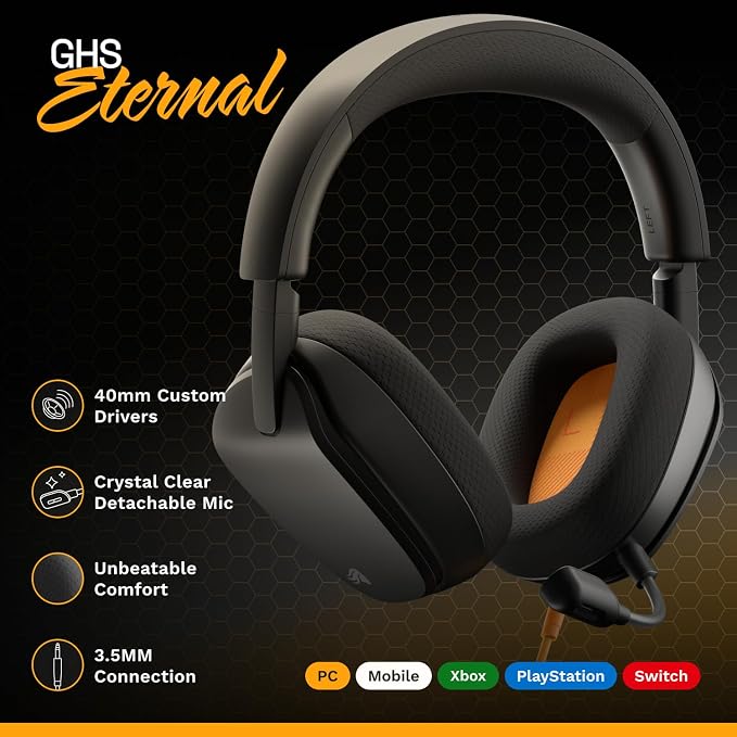 GLORIOUS GHS Eternal - Stereo Gaming Headset for PC, PS5, PS4, Xbox, Switch - Custom Tuned Angled Drivers, Adjustable Crystal Clear Detachable Mic, 3.5mm - Durable, All Day/Night Comfort - Black