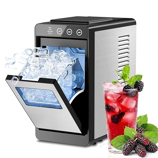 Kismile Countertop Ice Maker, 8 Bullet Cubes in 6 Mins, 26.5lbs in 24Hrs, 2 Ice Sizes, Self-Cleaning Portable Ice Maker with Basket and Scoop, for Home/Office/Camping/RV, Stainless Steel