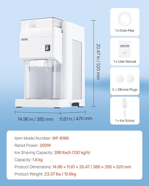 VEVOR Commercial Ice Shaver Machine, 1.91QT /1.8L Large Electric Ice Cube Crusher Shaved Maker with 300W Premium Motor, Stainless Steel Blades, for Bar Mixing Seafood Preservation Home Party, White