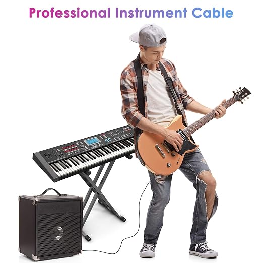 20FT Instrument Cable - Electric Guitar & Bass Guitar Cable with Right Angle 1/4 Inch Connector, Black & Blue