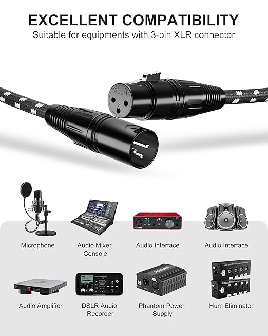 XLR Cables Short, Mic Cord 1ft 6 Pack, Braided Balanced Microphone Cable Male to Female 3 Pin Connector for Microphones, Mixer, XLR Speaker Systems