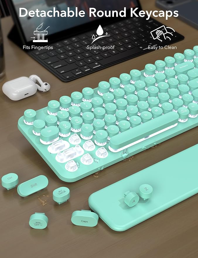 Wireless Keyboard and Mouse Backlit - Typewriter Keyboard with Magnetic Wrist Rest, Retro Round Keycaps, Light Up Letters, 2.4GHz Cordless Combo for Mac, Windows, PC, Laptop, Trueque