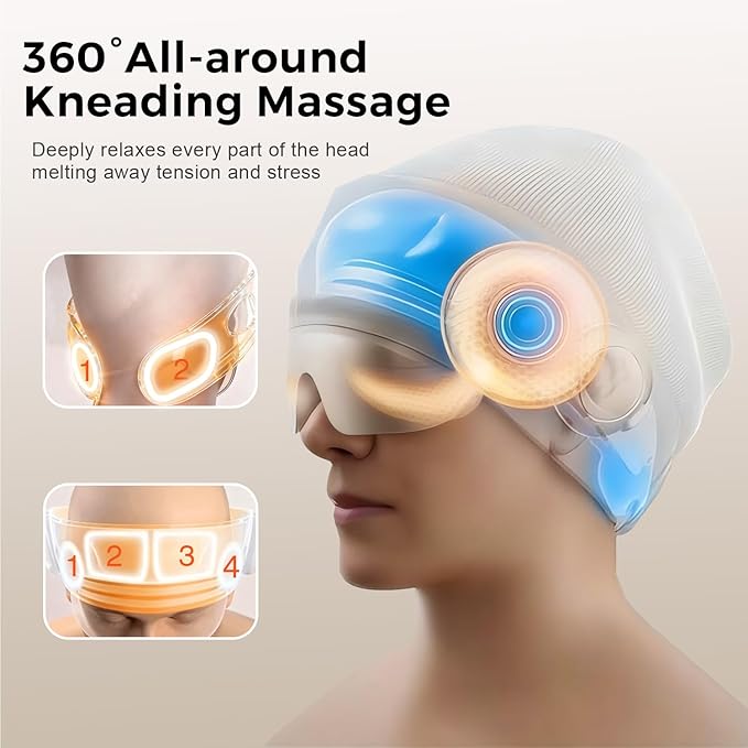 Head Massager for Headaches, Eye Massager with Heat, Electric Rechargeable Head and Eye Massage Tool for Stress Relief, Migraine Relief Massager for Forehead, 6 Zone Kneading