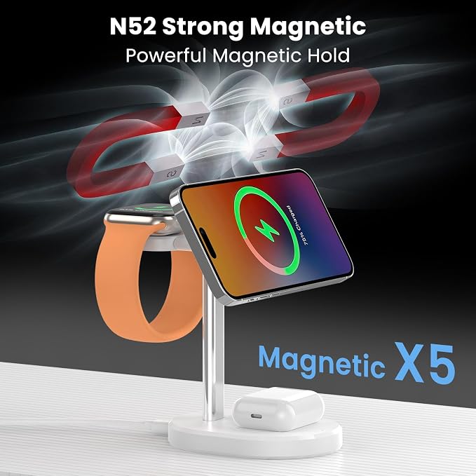 3 in 1 Wireless Charging Station,Detachable Apple Watch Charger & 15W Charger Stand for MagSafe for iPhone, Wireless Charger for Multiple Devices iPhone 16/15/14/13&Watch&AirPods（Blue）