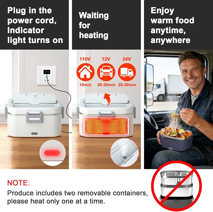 Electric Heated Lunch Box for Adults with 2 Pack 1.8L Containers, ON/OFF Power Switch & 0.6L Double Layer, Portable 100W 3-IN-1 Fast Heating Food Warmer for Men, ,12V/24V/110V for Car Truck Office