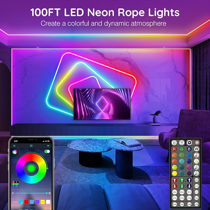 AILBTON 100Ft Neon Rope Lights,Flexible Led Rope Lights Control with App/Remote,Multiple Modes RopeLights,IP65 Outdoor RGB Led Neon Lights NonWater Resistant,Music Sync Gaming Led NeonLight Strip