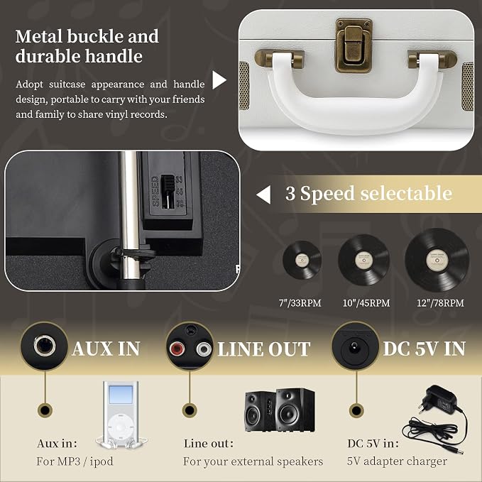 Record Player 3 Speeds Turntable with Bluetooth Built-in Battery Stereo Speakers Vintage Record Player Belt Driven Portable Suitcase PC Recording White