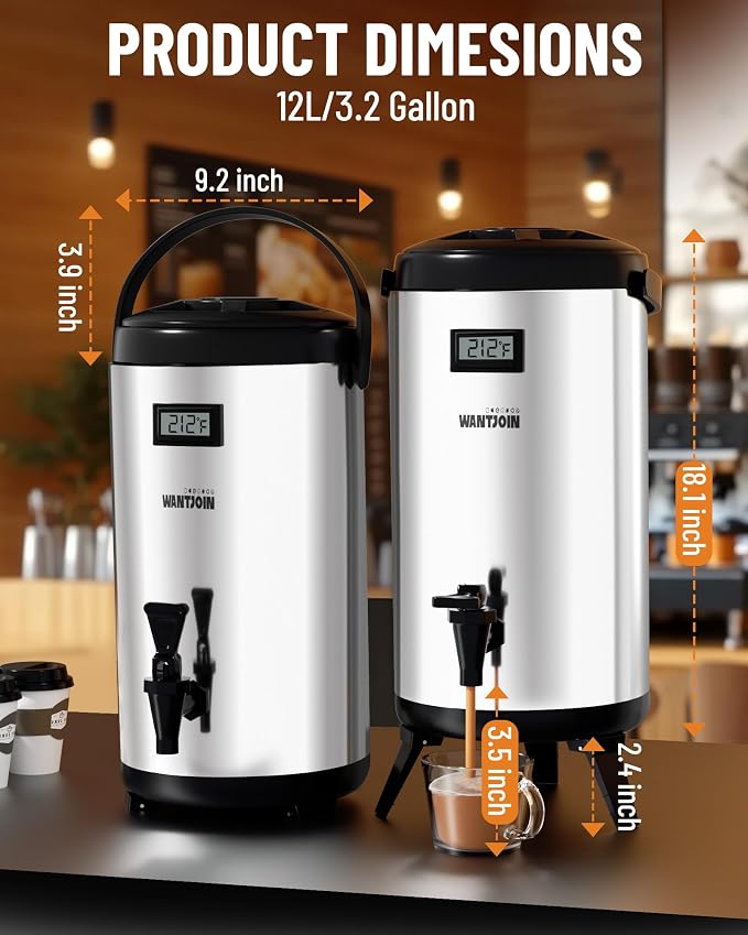 WantJoin Insulated Beverage Dispenser - 1-pack Thermal Hot and Cold Drink Dispenser with Spigot, Stainless Steel Premium 12 L/3.2 Gallon for Coffee & Hot tea,Cold Milk,Water,Juice (Silver)