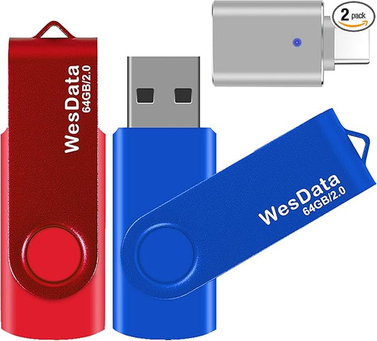 2 Pack 64GB USB 2.0 Flash Drive and 1 USB C Adapter, Thumb Drive USB Memory Stick Jump Drive, Compatible with OTG Type C Phones, Tablets, Laptop, PC (Blue, Red)