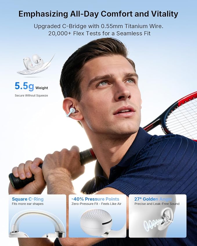 EarFun Clip 2 Open Ear Earbuds, Clip On Headphones, LDAC, Hi-Res Audio, 12mm Titanium Driver, 4 Mics AI Clear Call, AI Translation Earbuds, Secure Fit, 40H Playtime, Bluetooth 6.0 for Running, White