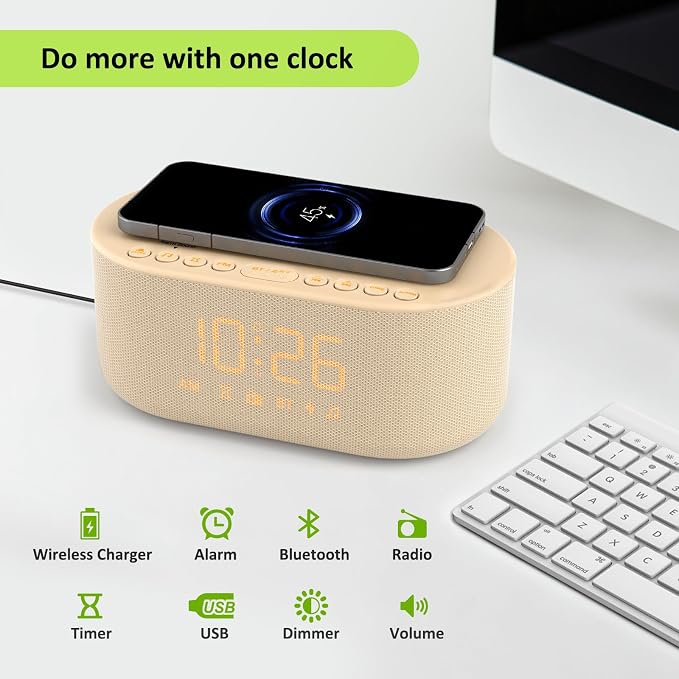 DreamSky Bedroom Radio Alarm Clock with Wireless Charger for Samsung iPhone | Bluetooth Speaker, Loud Alarm for Heavy Sleepers, FM Radio with Sleep Timer, 0-100% Dimmer, 9 Alarm Sounds & 16 Volumes, USB