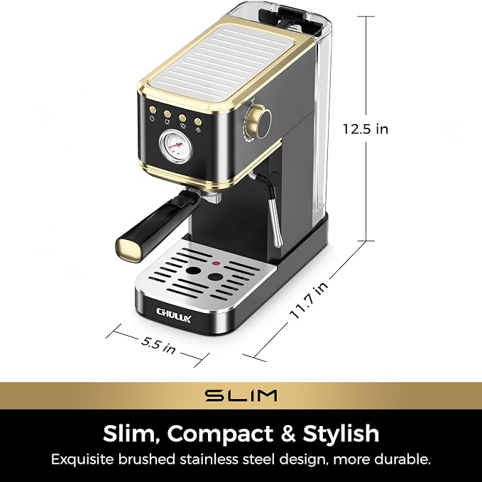 CHULUX Slim Espresso Machine with Milk Frother, 20 Bar Professional Italian Pump Espresso Coffee Machine for Home Cappuccino & Latte Maker, Stainless Steel, Black and Gold