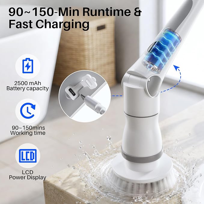 JOYMOOP Electric Spin Scrubber, 450 RPM Cordless Cleaning Brush with Power LCD Display, 9 Brush Heads Waterproof Power Scrubber with 90-Min Runtime, Adjustable Long Handle for Bathtub, Floor, Kitchen
