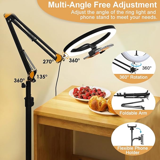 Yoobao 12" Ring Light with Stand, 81" Tripod with Overhead Foldable Arm, Phone Mount & Casters, 3 Light Modes & 10 Brightness, LED Selfie Light for Live Streaming YouTube TikTok Photography