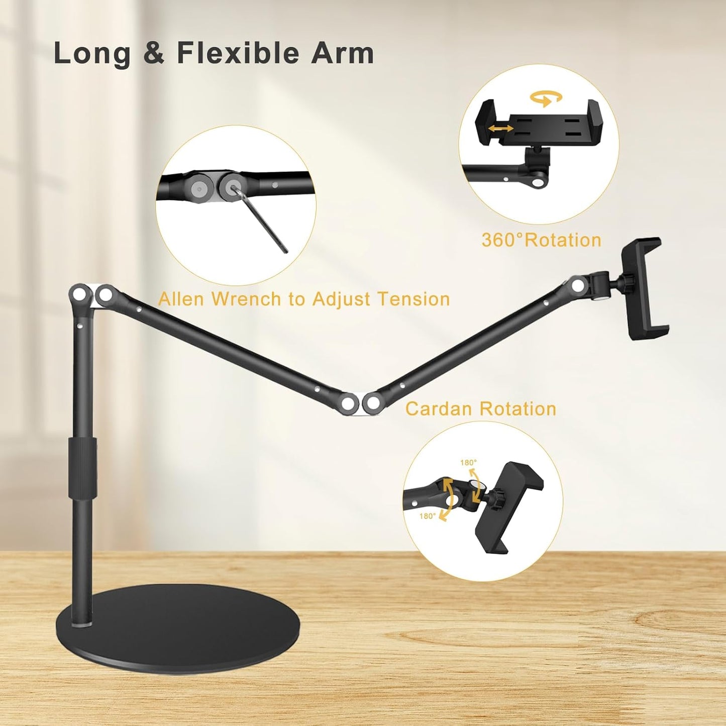 Overhead Phone Mount for Desk, 17" Long Arm Adjustable iPhone Holder, Heavy Duty Rotatable Stand for Video Recording, Live Streaming, Crafting, Cooking