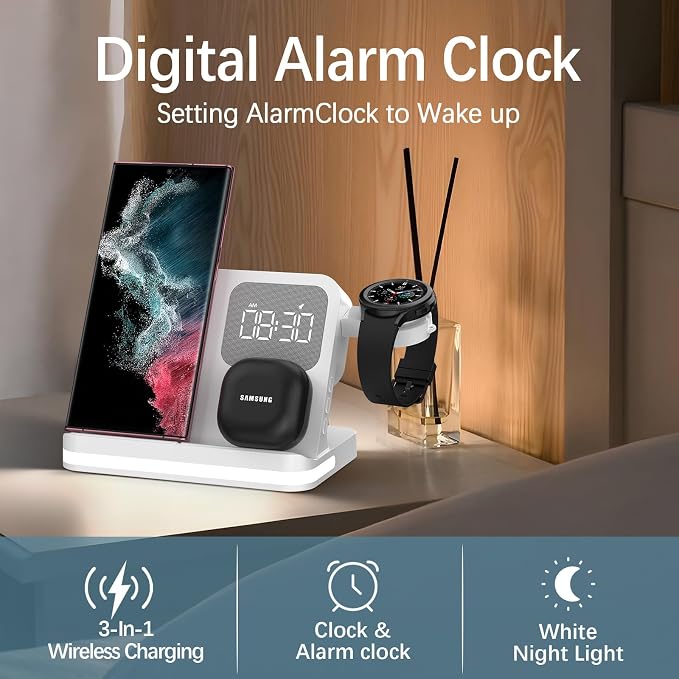3-in-1 Wireless Charging Station with Digital Alarm Clock, Dimmable Night Light & 15W Fast Charge | All-in-One Bedside Dock for Qi Phones, Smart Watches, Wireless Earbuds, B22 White.