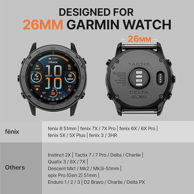 Bandletic Compatible with Garmin Fenix 8 51mm Band - 26mm Quick Fit Soft Stretchy Loop Bands with G-Hook for Fenix 7X 6X Pro/5X Plus/3/3 HR/Instinct 2X Solar 3 50mm /Enduro/Quatix 6X/Tactix/Epix Pro 2