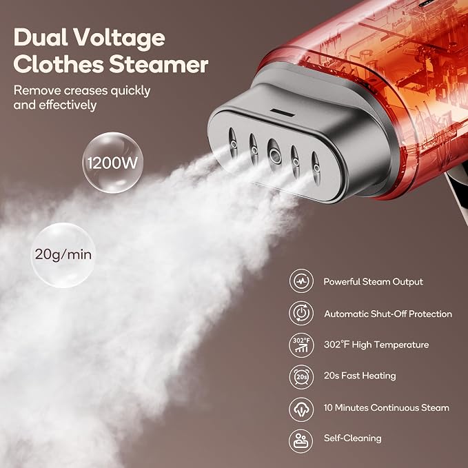 Newbealer Pro Business Travel Steamer, 1200W Dual Voltage, 180ml (Brown) | Foldable & 20s Fast Heat, 360° Anti-Spill Garment Steamer, Solid 1.72 lbs, Auto-Off, for Global Business Trip/Hotel/Office