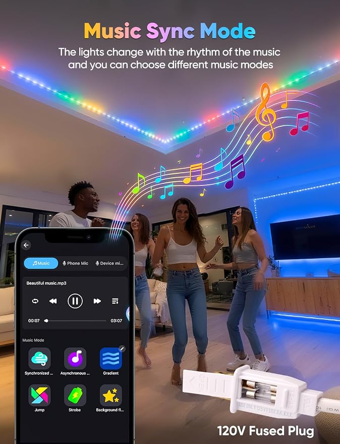 98FT Outdoor LED Strip Lights RGB+IC with Warm&Cool White, ETL Listed Music Sync Light Strip AC 120V, IP65 Waterproof and Connectable, for Party Festival Eave Porch Patio Every Day Decor