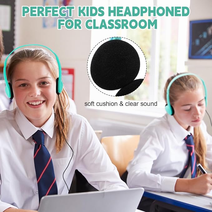 Konohan 30 Pack Headphones Bulk Headphone for School Classroom Student Wired Headphones Adjustable with 3.5 mm Jack for Adults (Emerald Green)