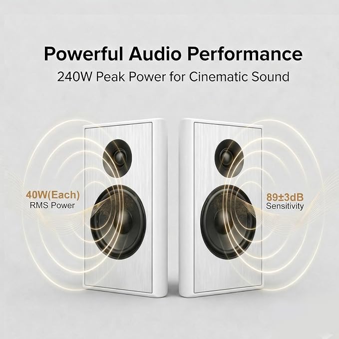 STUDIOFINIX Ultra Slim 5.25 Inch 240W Wall Mount Speakers, 8 Ohm Passive Home Theater Indoor Speakers for Bedroom, Kitchen, Living Room,White(Pair)